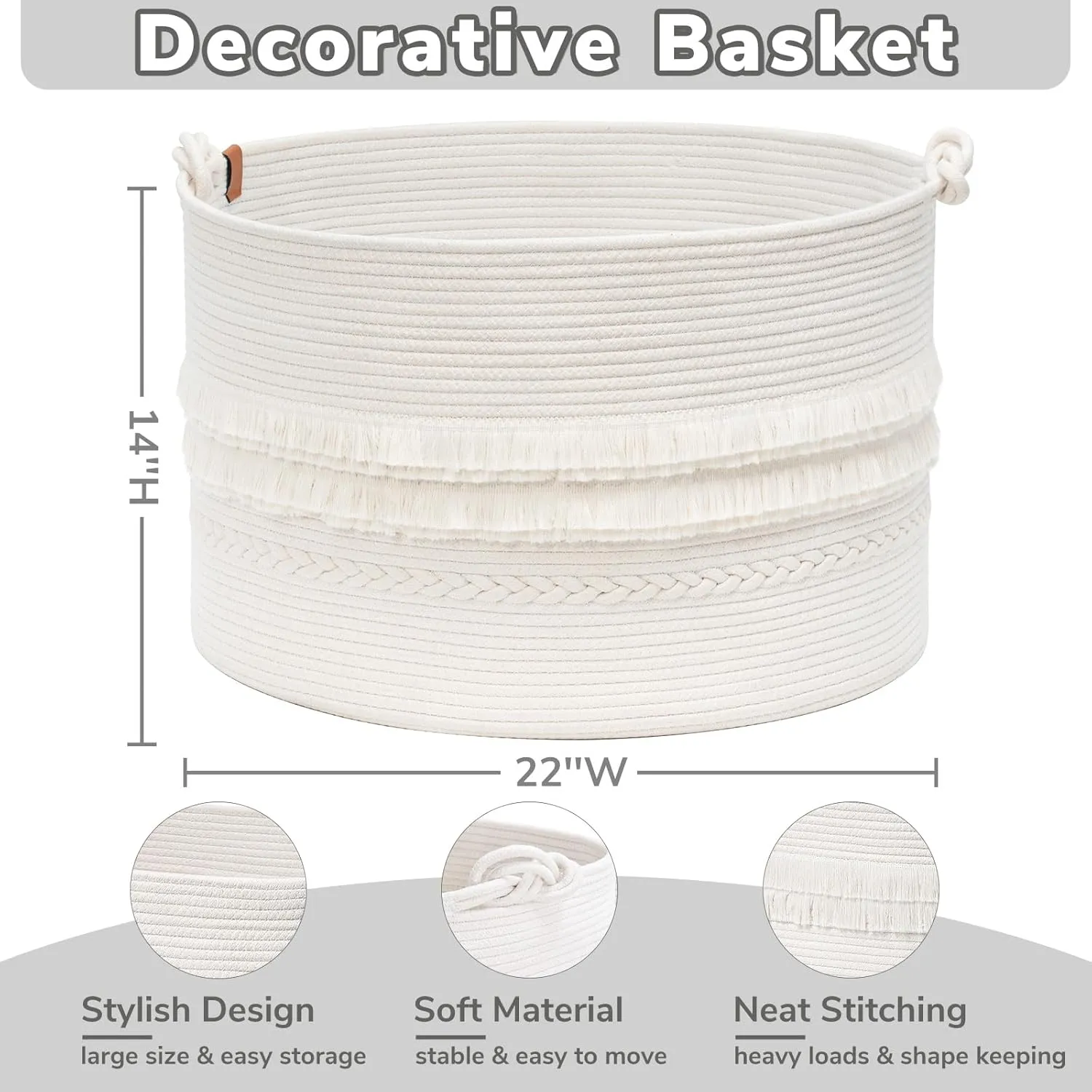 CherryNow Large White Woven Storage Basket, Boho Decorative Basket for Home Decor, Towel baskets for Bathroom, Bedroom, Living room, Baby Nursery Baskets for Clothes, Toys, Blankets, 22 x 14 inches