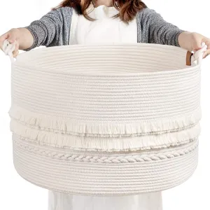 CherryNow Large White Woven Storage Basket, Boho Decorative Basket for Home Decor, Towel baskets for Bathroom, Bedroom, Living room, Baby Nursery Baskets for Clothes, Toys, Blankets, 22 x 14 inches