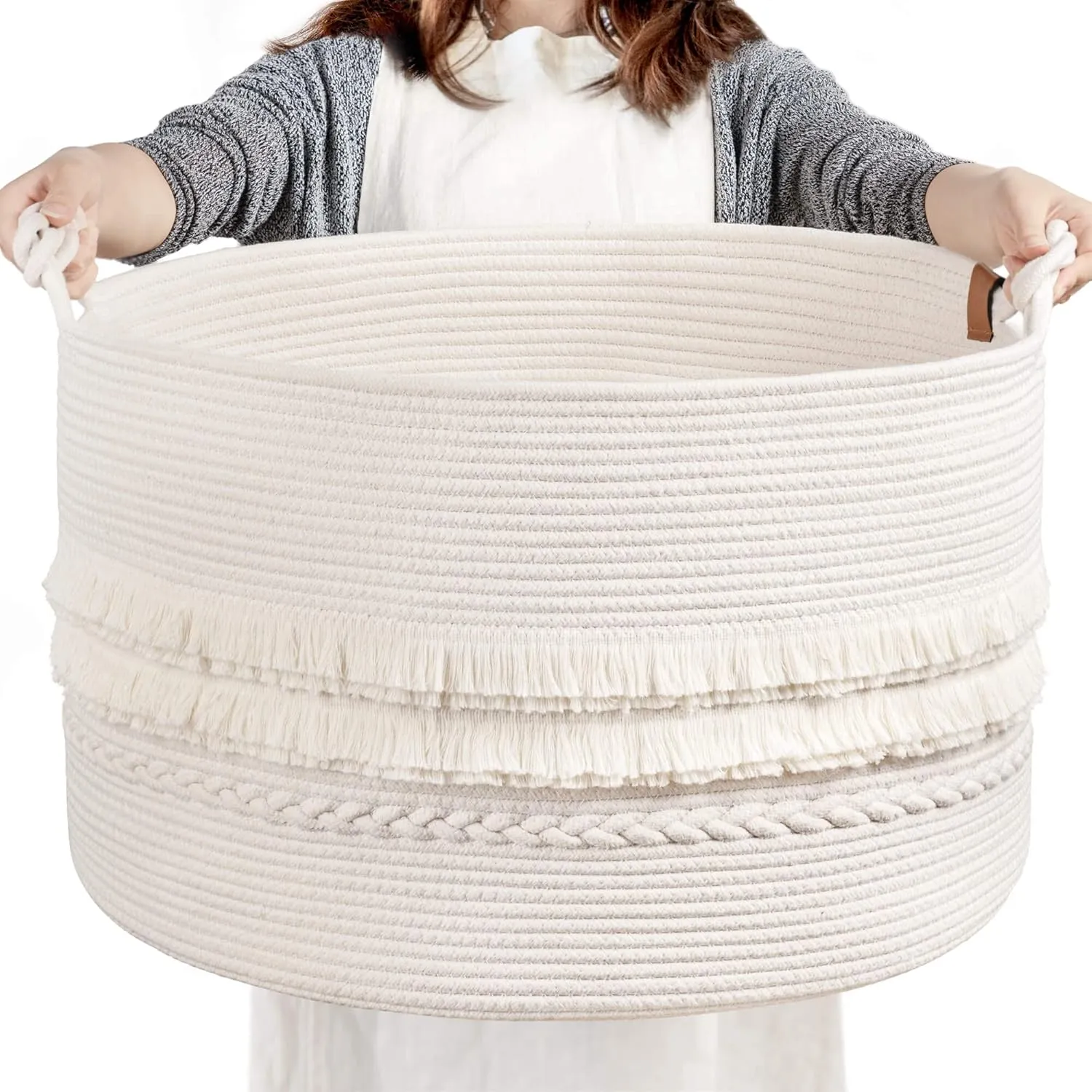 CherryNow Large White Woven Storage Basket, Boho Decorative Basket for Home Decor, Towel baskets for Bathroom, Bedroom, Living room, Baby Nursery Baskets for Clothes, Toys, Blankets, 22 x 14 inches
