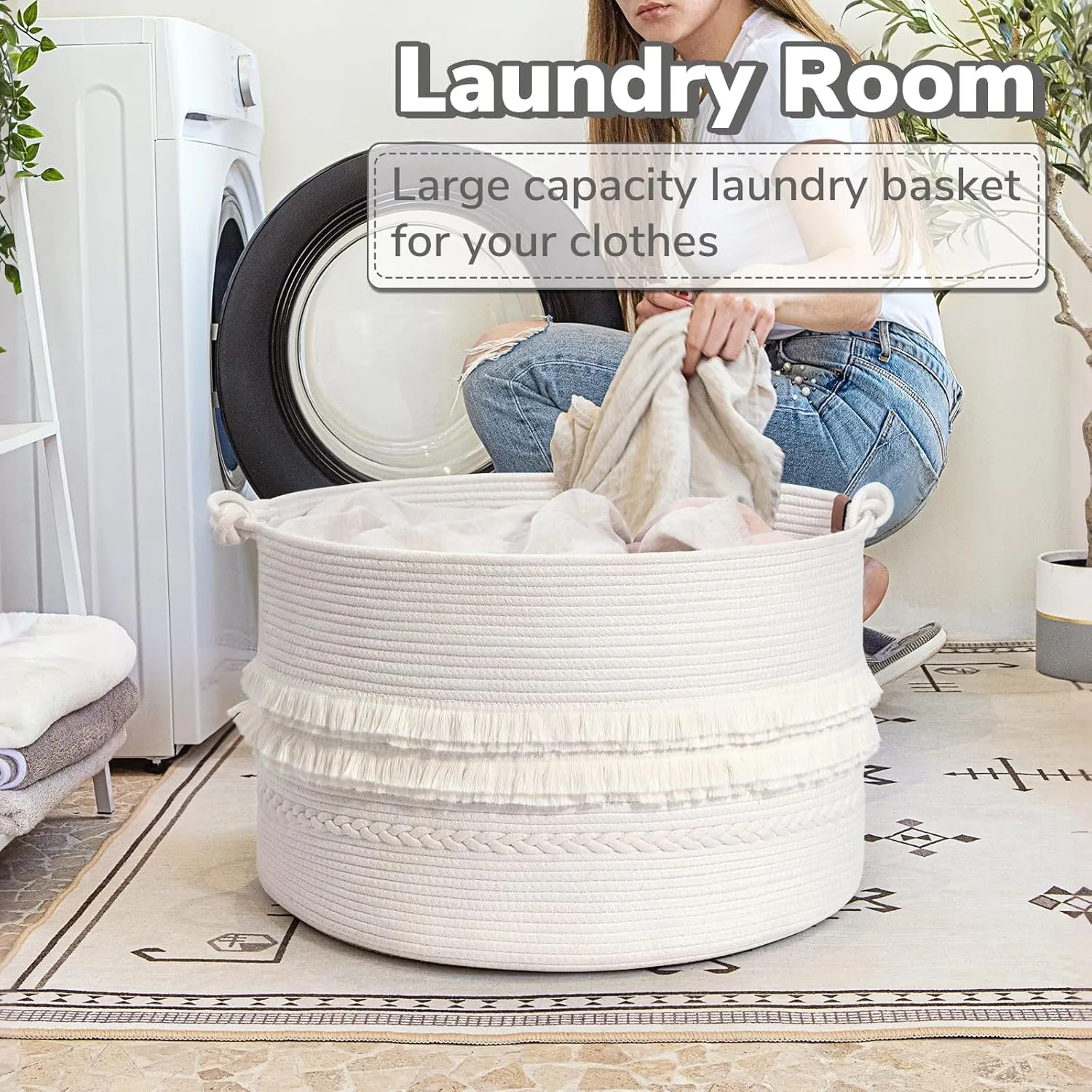 CherryNow Large White Woven Storage Basket, Boho Decorative Basket for Home Decor, Towel baskets for Bathroom, Bedroom, Living room, Baby Nursery Baskets for Clothes, Toys, Blankets, 22 x 14 inches