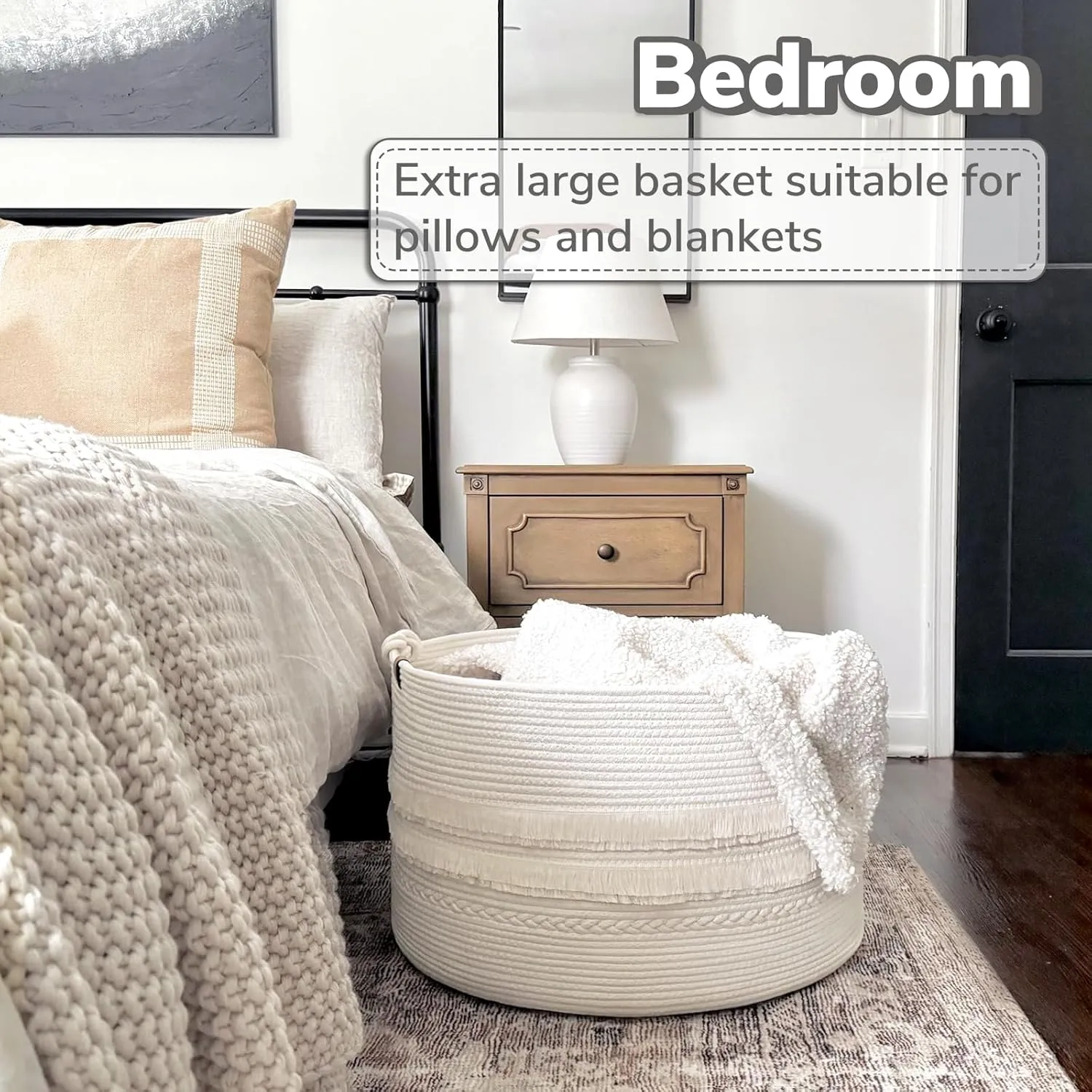 CherryNow Large White Woven Storage Basket, Boho Decorative Basket for Home Decor, Towel baskets for Bathroom, Bedroom, Living room, Baby Nursery Baskets for Clothes, Toys, Blankets, 22 x 14 inches