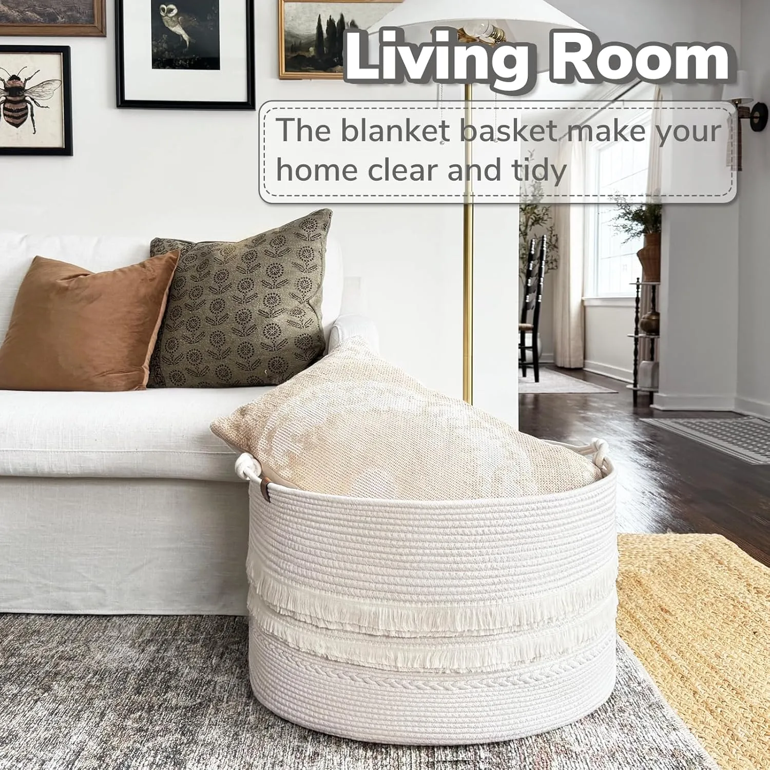 CherryNow Large White Woven Storage Basket, Boho Decorative Basket for Home Decor, Towel baskets for Bathroom, Bedroom, Living room, Baby Nursery Baskets for Clothes, Toys, Blankets, 22 x 14 inches