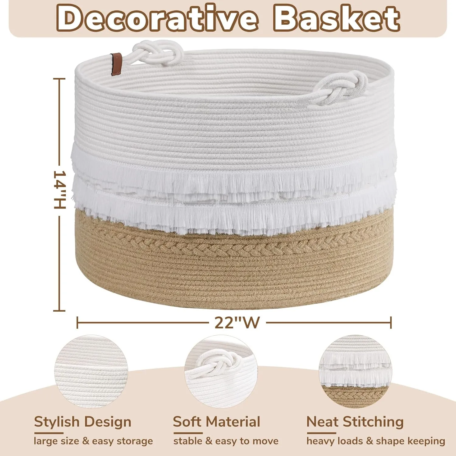 CherryNow Large Wicker Laundry Basket for Entryway, Bedroom, Jute Decorative Baskets for Clothes, Toys, Towel Basket for Bathrooom, 22 x 14 inches, 83L