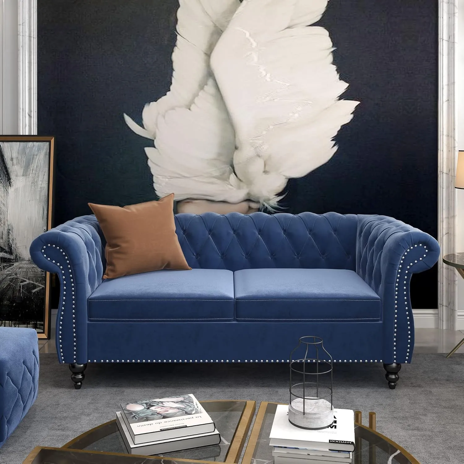 Chesterfield Loveseat, Modern Velvet Sofa Tufted Couch 2 Seater with Scroll Arms and Nailhead for Living Room, Bedroom, Office, Apartment (Blue)