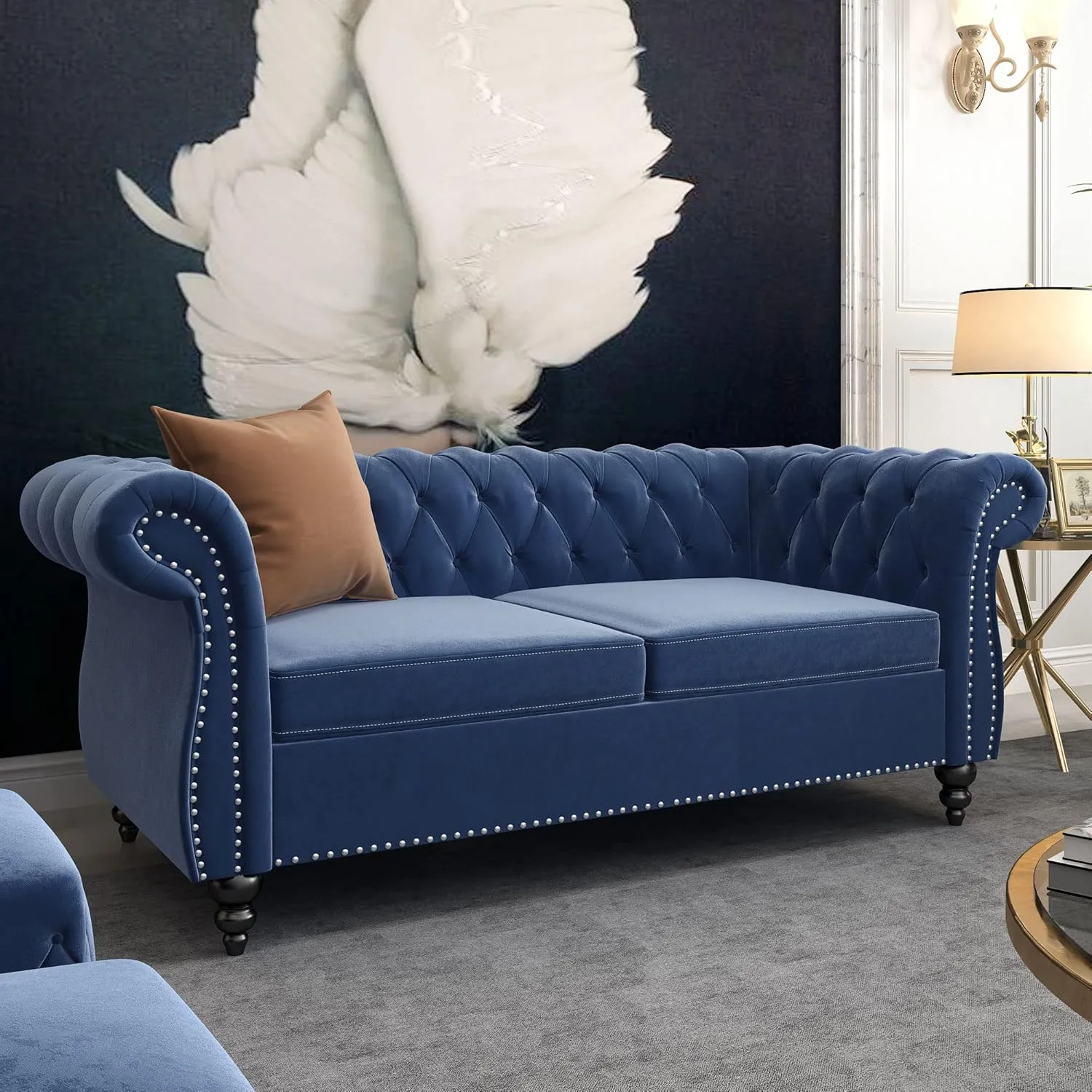 Chesterfield Loveseat, Modern Velvet Sofa Tufted Couch 2 Seater with Scroll Arms and Nailhead for Living Room, Bedroom, Office, Apartment (Blue)