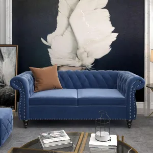 Chesterfield Loveseat, Modern Velvet Sofa Tufted Couch 2 Seater with Scroll Arms and Nailhead for Living Room, Bedroom, Office, Apartment (Blue)