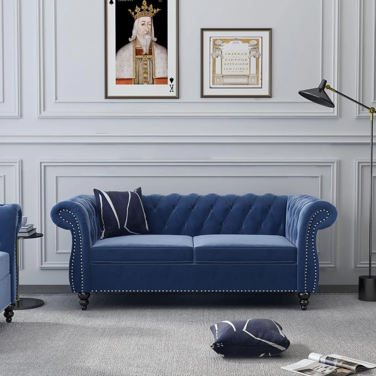Chesterfield Loveseat, Modern Velvet Sofa Tufted Couch 2 Seater with Scroll Arms and Nailhead for Living Room, Bedroom, Office, Apartment (Blue)