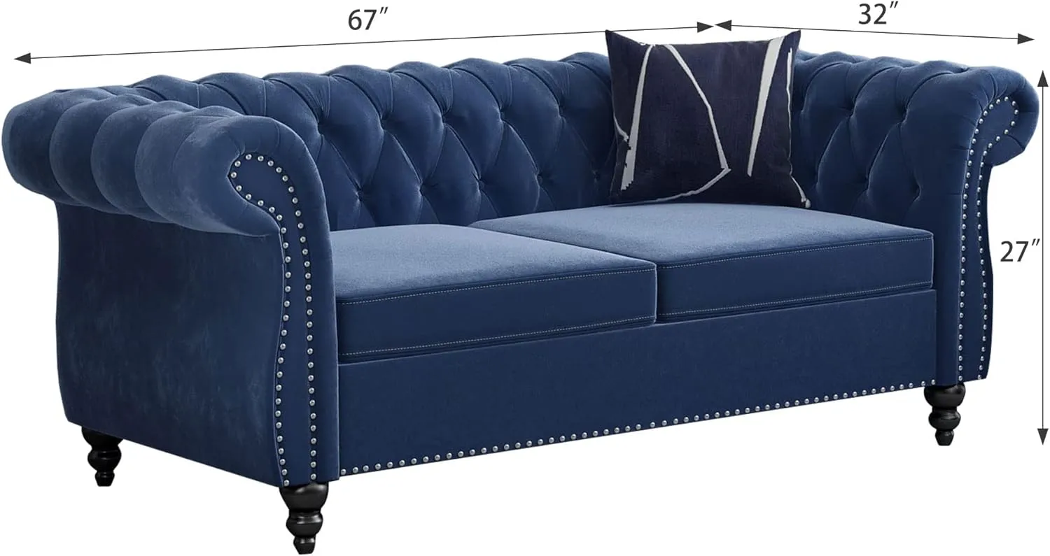 Chesterfield Loveseat, Modern Velvet Sofa Tufted Couch 2 Seater with Scroll Arms and Nailhead for Living Room, Bedroom, Office, Apartment (Blue)