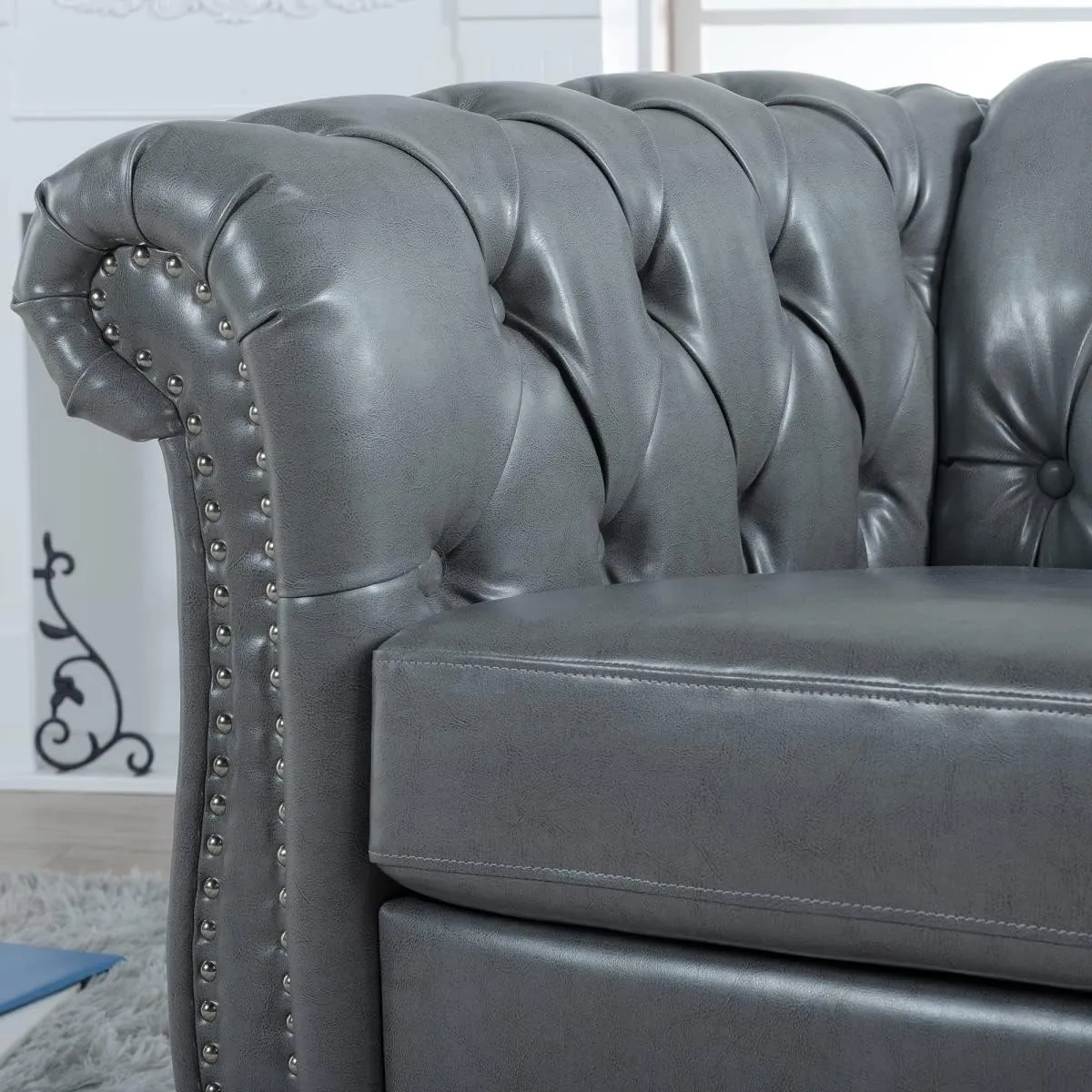 Chesterfield Luxury PU Leather 1 Seater Single Accent Sofa Couch Chair,Classic Tufted Button and Nailhead Rolled Arm for Office Living Room,Gray