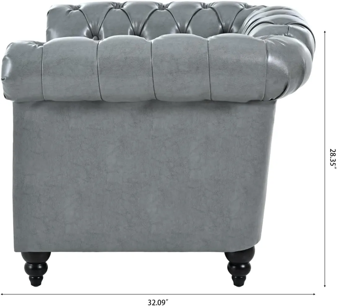 Chesterfield Luxury PU Leather 1 Seater Single Accent Sofa Couch Chair,Classic Tufted Button and Nailhead Rolled Arm for Office Living Room,Gray