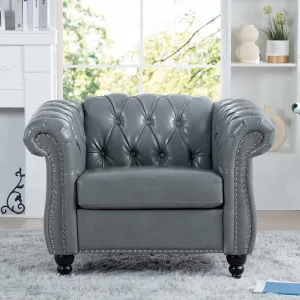 Chesterfield Luxury PU Leather 1 Seater Single Accent Sofa Couch Chair,Classic Tufted Button and Nailhead Rolled Arm for Office Living Room,Gray