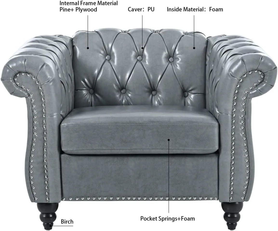 Chesterfield Luxury PU Leather 1 Seater Single Accent Sofa Couch Chair,Classic Tufted Button and Nailhead Rolled Arm for Office Living Room,Gray