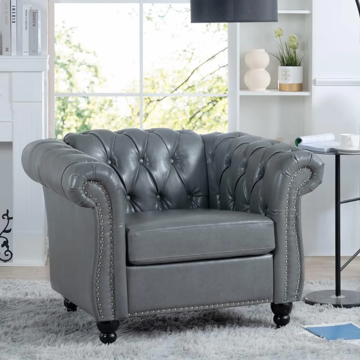 Chesterfield Luxury PU Leather 1 Seater Single Accent Sofa Couch Chair,Classic Tufted Button and Nailhead Rolled Arm for Office Living Room,Gray