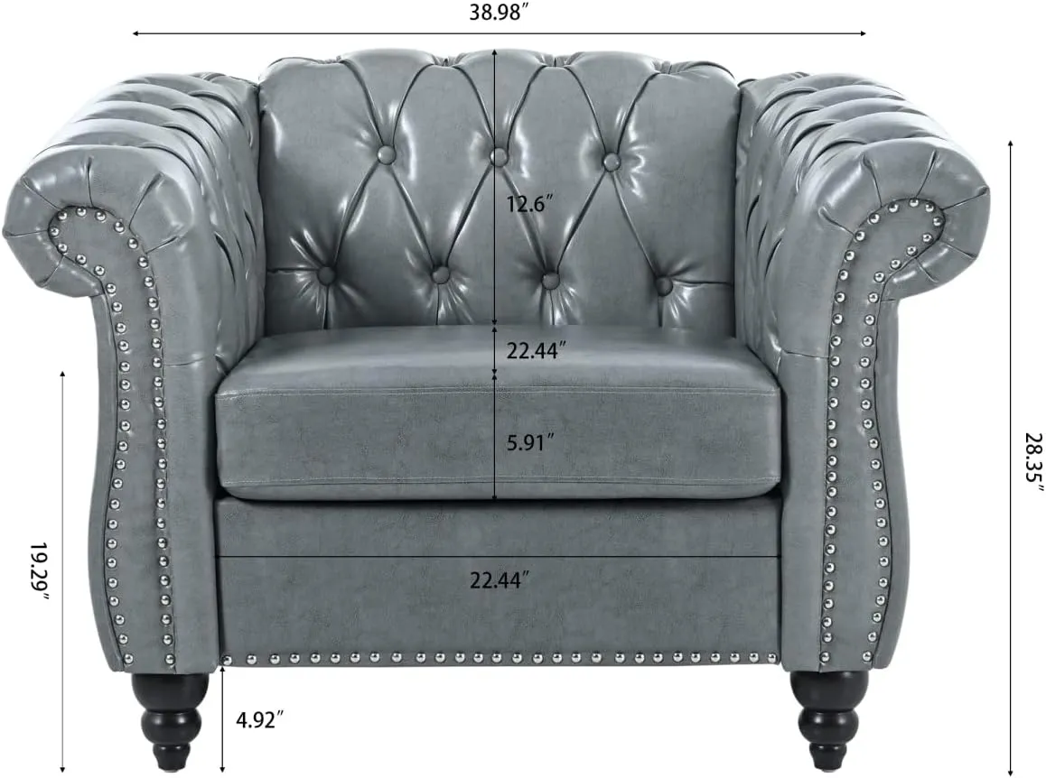 Chesterfield Luxury PU Leather 1 Seater Single Accent Sofa Couch Chair,Classic Tufted Button and Nailhead Rolled Arm for Office Living Room,Gray