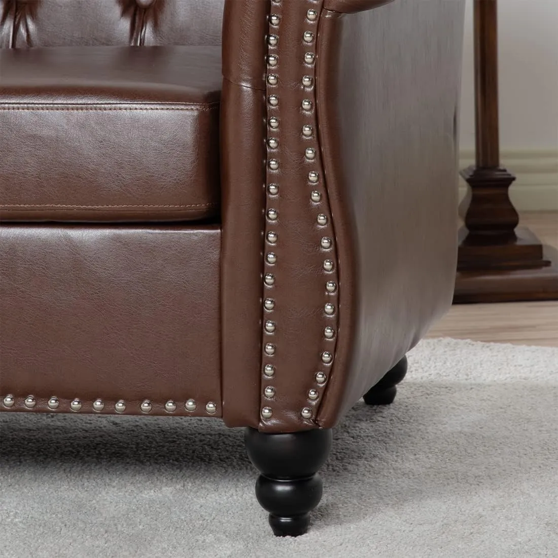 Chesterfield Luxury PU Leather 1 Seater Single Sofa Couch Accent Chair,Classic Tufted Button and Nailhead Rolled Arm for Office Living Room,Dark Brown