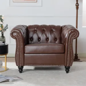 Chesterfield Luxury PU Leather 1 Seater Single Sofa Couch Accent Chair,Classic Tufted Button and Nailhead Rolled Arm for Office Living Room,Dark Brown