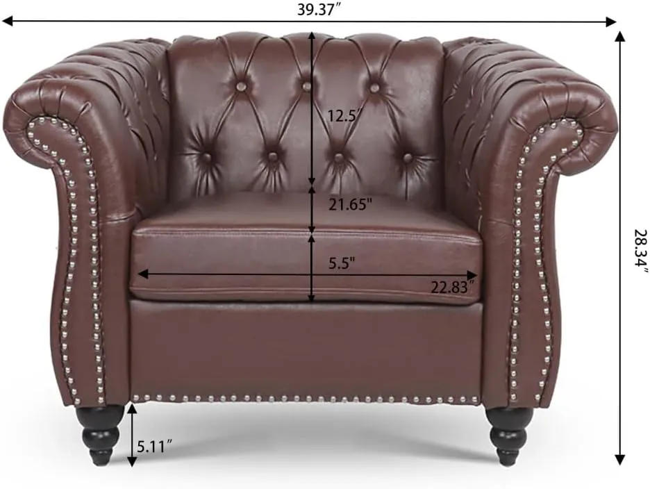Chesterfield Luxury PU Leather 1 Seater Single Sofa Couch Accent Chair,Classic Tufted Button and Nailhead Rolled Arm for Office Living Room,Dark Brown