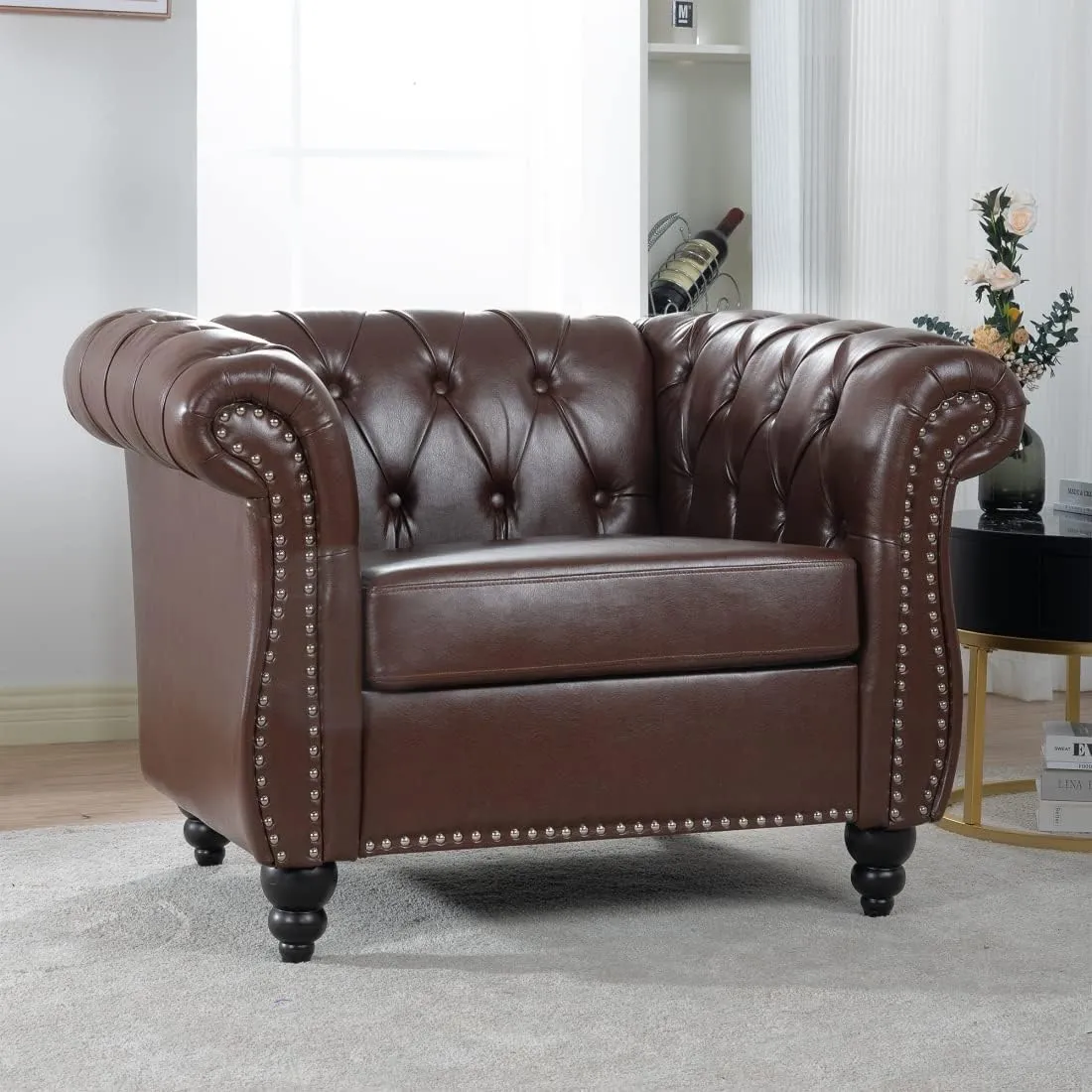 Chesterfield Luxury PU Leather 1 Seater Single Sofa Couch Accent Chair,Classic Tufted Button and Nailhead Rolled Arm for Office Living Room,Dark Brown