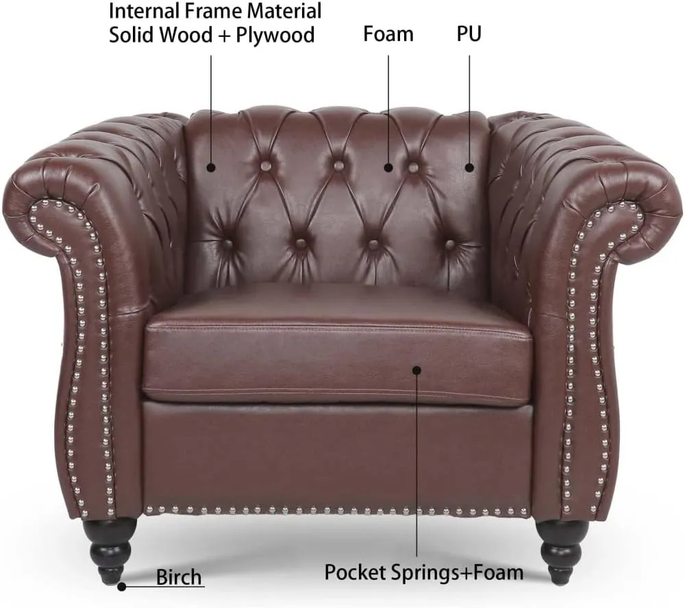 Chesterfield Luxury PU Leather 1 Seater Single Sofa Couch Accent Chair,Classic Tufted Button and Nailhead Rolled Arm for Office Living Room,Dark Brown