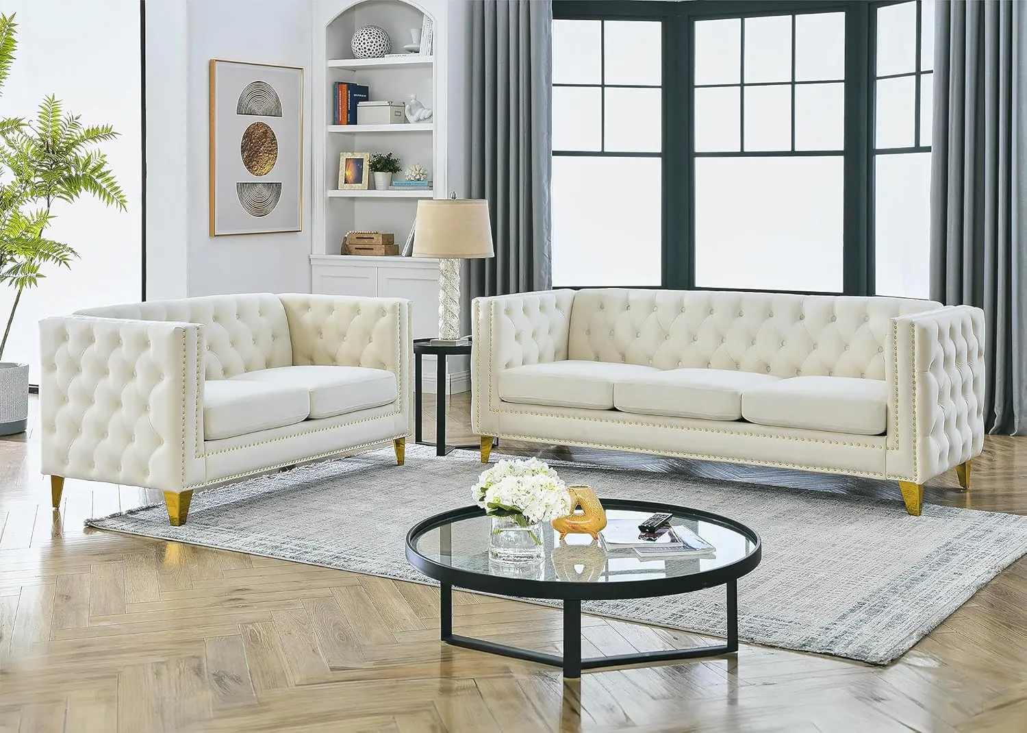 Chesterfield Sofa Set,2 PCS Oversized Velvet Sofa,2/3 Seater Deep Seat Sofa,Modern Couch Chair with Button Nailhead,Upholstered Futon Couches,Furniture for Living Room,Bedroom,Office(Beige)
