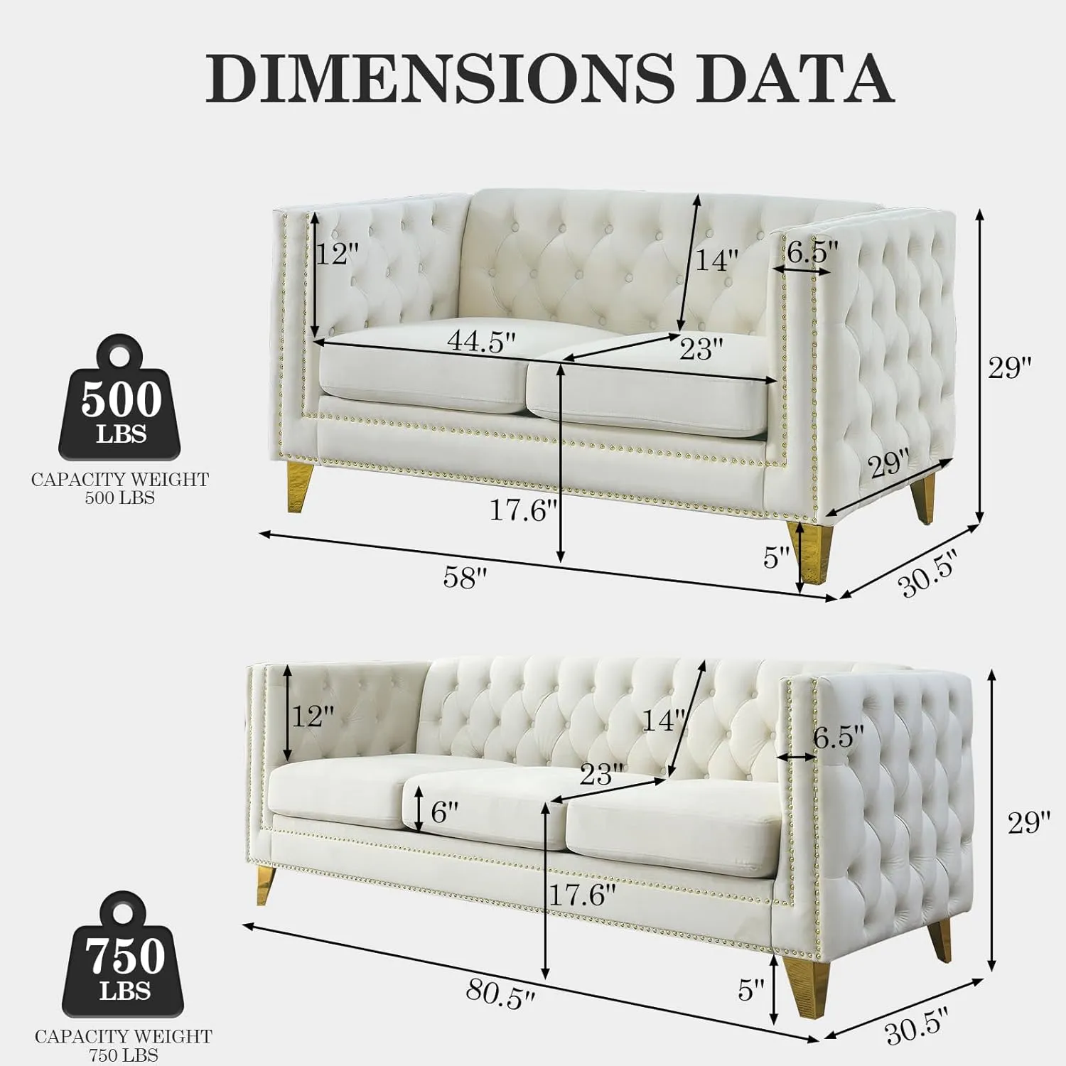 Chesterfield Sofa Set,2 PCS Oversized Velvet Sofa,2/3 Seater Deep Seat Sofa,Modern Couch Chair with Button Nailhead,Upholstered Futon Couches,Furniture for Living Room,Bedroom,Office(Beige)