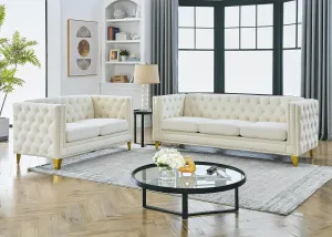 Chesterfield Sofa Set,2 PCS Oversized Velvet Sofa,2/3 Seater Deep Seat Sofa,Modern Couch Chair with Button Nailhead,Upholstered Futon Couches,Furniture for Living Room,Bedroom,Office(Beige)