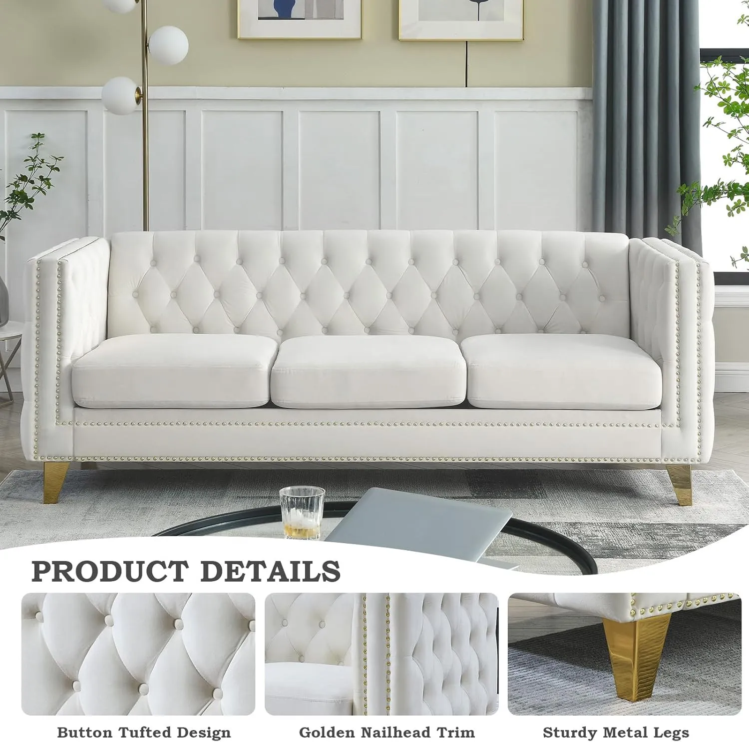 Chesterfield Sofa Set,2 PCS Oversized Velvet Sofa,2/3 Seater Deep Seat Sofa,Modern Couch Chair with Button Nailhead,Upholstered Futon Couches,Furniture for Living Room,Bedroom,Office(Beige)