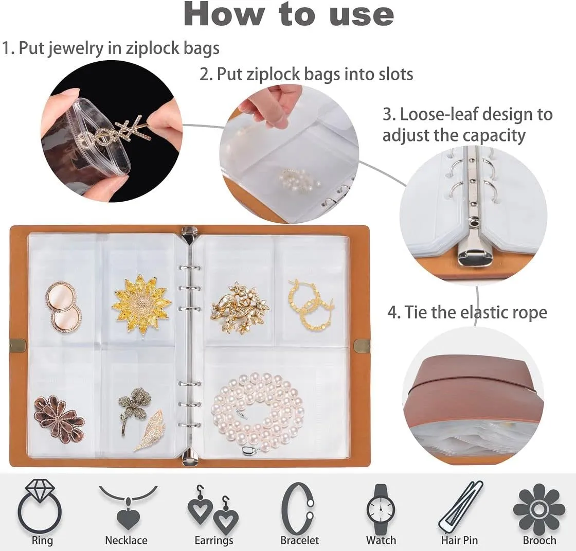 ChezMax Jewelry Organizer, Jewelry Storage Book with Pockets, Foldable Earrings Travel Album, PU Leather Accessories Holder Booklet for Bracelets Necklace Rings (64 Grids 64 Anti-Oxidation PVC Bags)