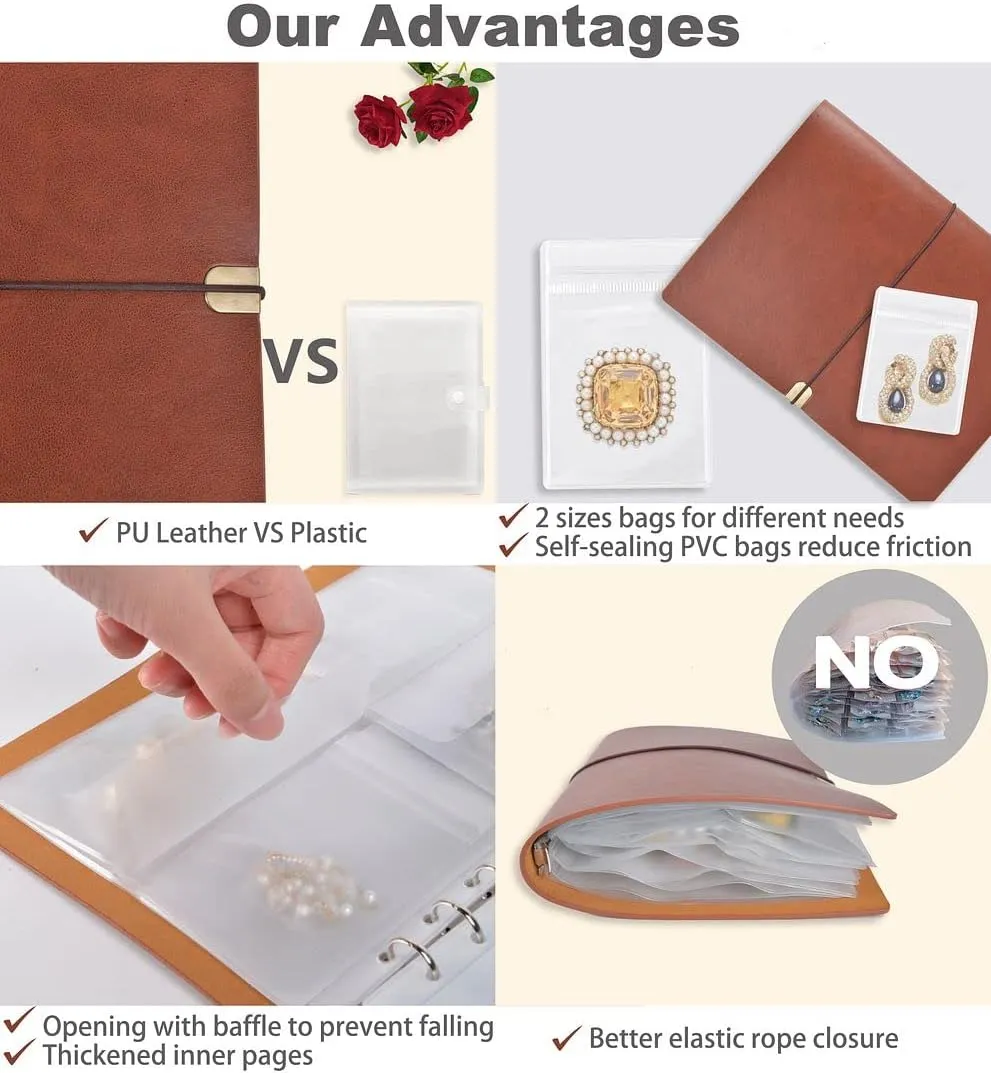 ChezMax Jewelry Organizer, Jewelry Storage Book with Pockets, Foldable Earrings Travel Album, PU Leather Accessories Holder Booklet for Bracelets Necklace Rings (64 Grids 64 Anti-Oxidation PVC Bags)