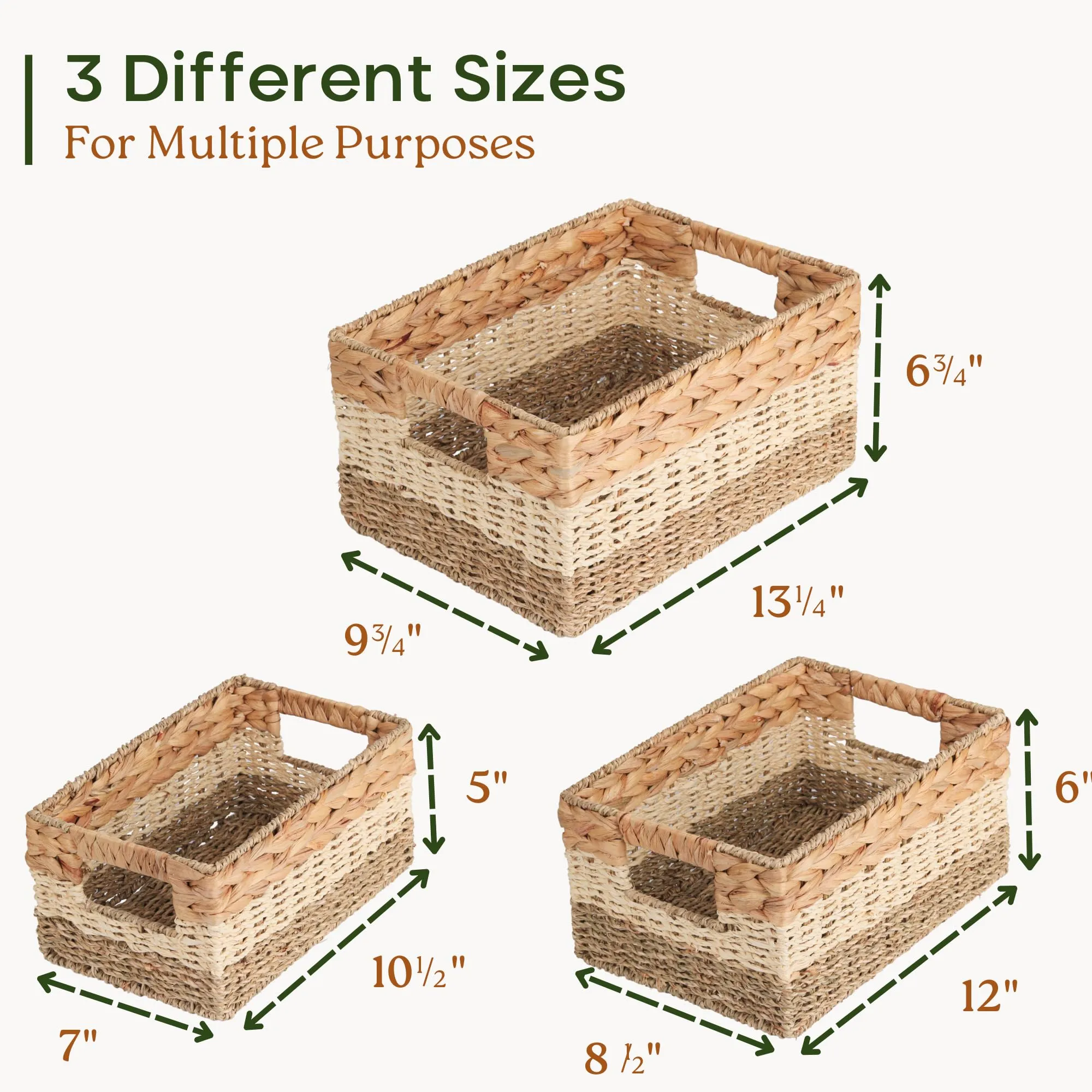 CHI AN HOME Wicker Storage Baskets, Set of 3 Water Hyacinth Storage Baskets For Organizing, Storage Bins Container for Shelves, Woven Pantry Baskets, 3-Pack, Natural, Built-in Carry Handles