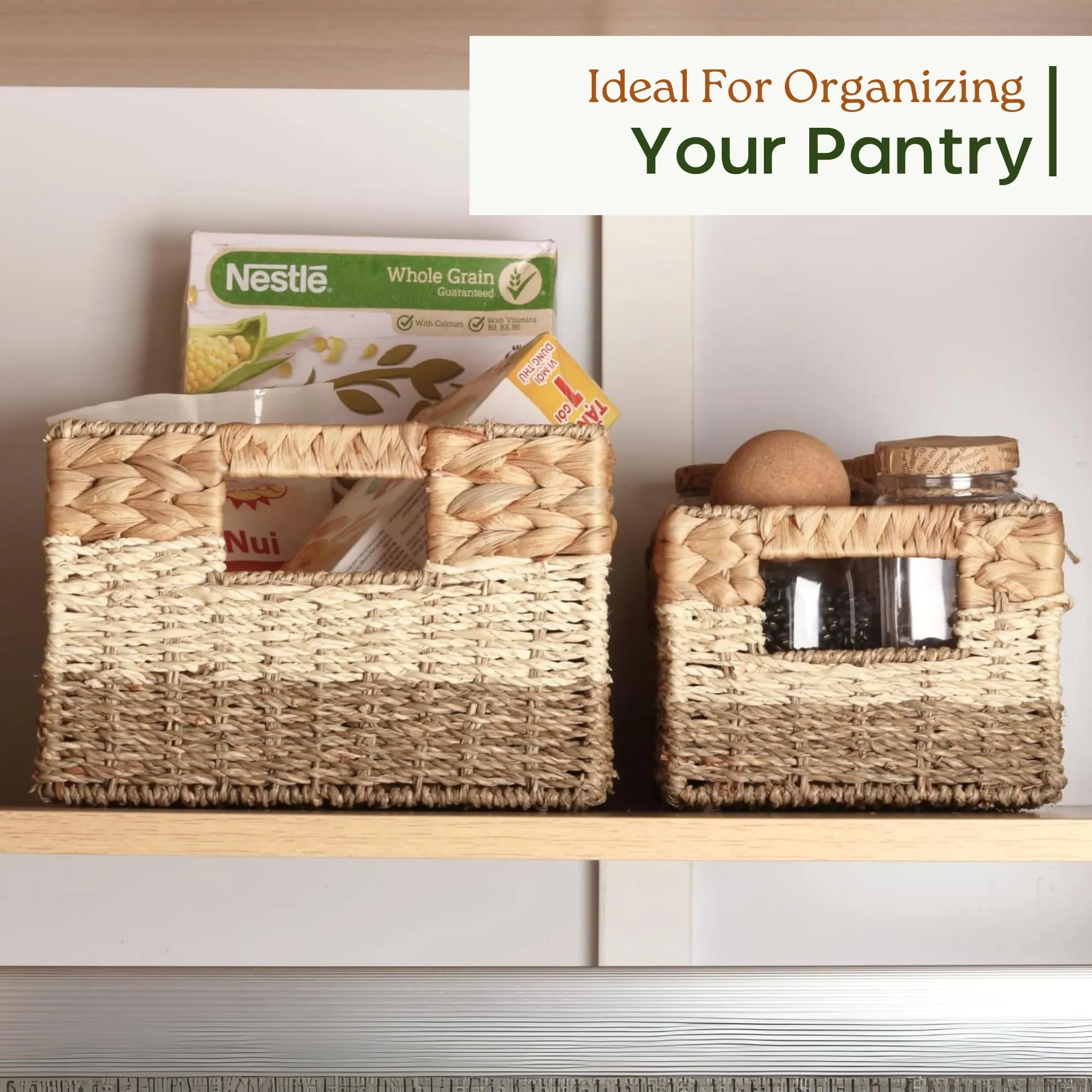 CHI AN HOME Wicker Storage Baskets, Set of 3 Water Hyacinth Storage Baskets For Organizing, Storage Bins Container for Shelves, Woven Pantry Baskets, 3-Pack, Natural, Built-in Carry Handles