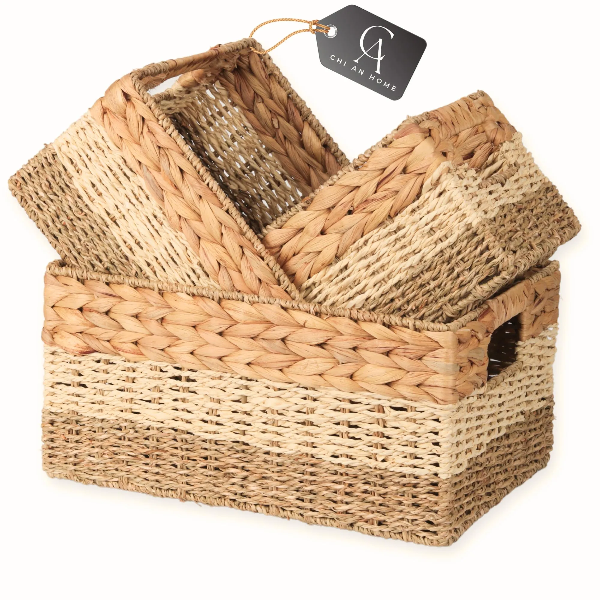 CHI AN HOME Wicker Storage Baskets, Set of 3 Water Hyacinth Storage Baskets For Organizing, Storage Bins Container for Shelves, Woven Pantry Baskets, 3-Pack, Natural, Built-in Carry Handles