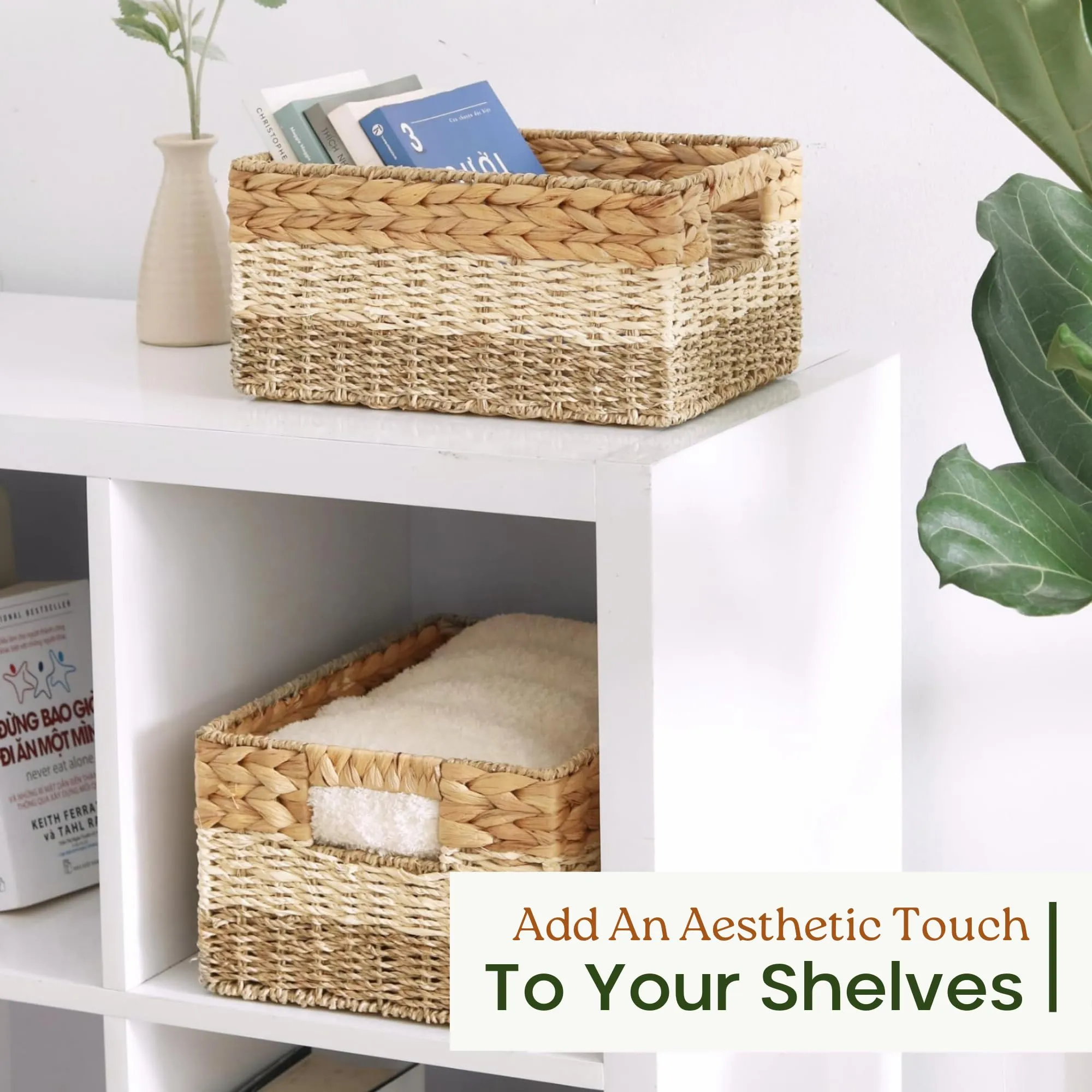 CHI AN HOME Wicker Storage Baskets, Set of 3 Water Hyacinth Storage Baskets For Organizing, Storage Bins Container for Shelves, Woven Pantry Baskets, 3-Pack, Natural, Built-in Carry Handles