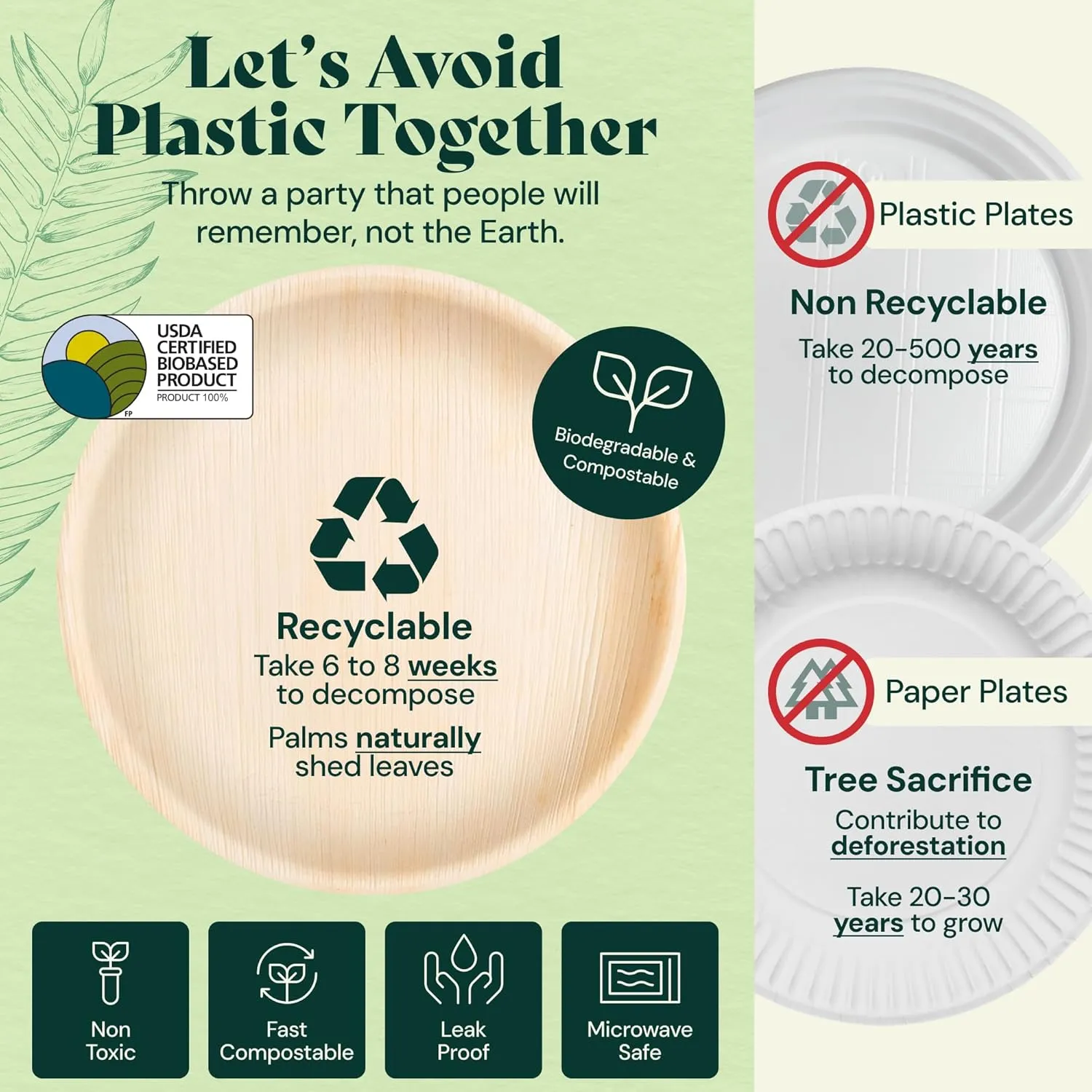 Chic Leaf Palm Leaf Disposable Bamboo Plates - Round Party Plates for Parties & Event Appetizers - Biodegradable & Compostable - Party Supplies (10''   7'', 48 Pack)