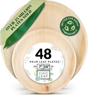 Chic Leaf Palm Leaf Disposable Bamboo Plates - Round Party Plates for Parties & Event Appetizers - Biodegradable & Compostable - Party Supplies (10''   7'', 48 Pack)