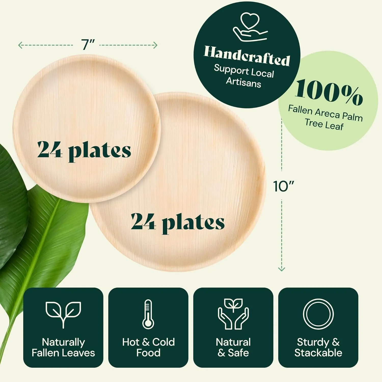 Chic Leaf Palm Leaf Disposable Bamboo Plates - Round Party Plates for Parties & Event Appetizers - Biodegradable & Compostable - Party Supplies (10''   7'', 48 Pack)
