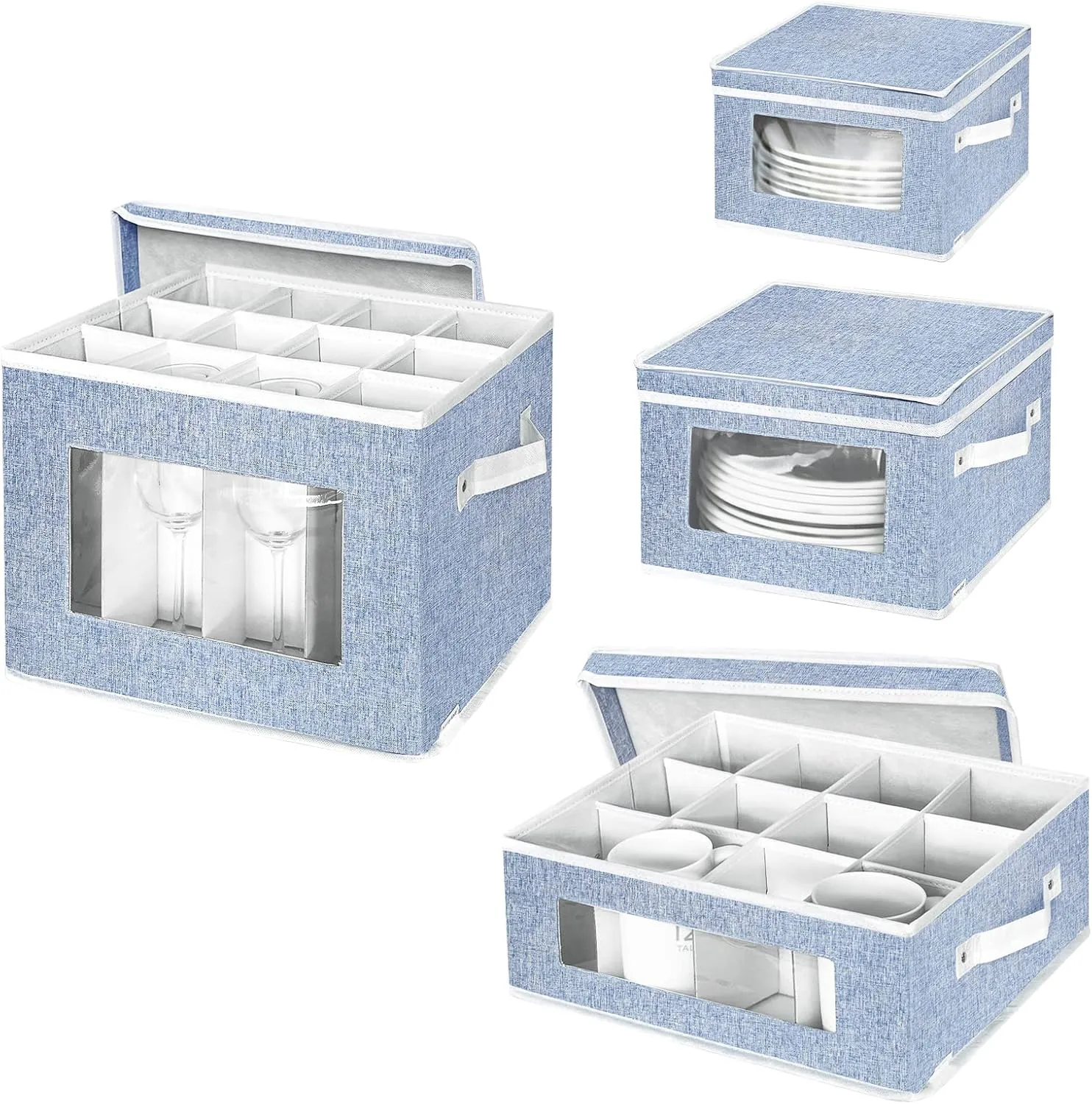 China Storage Containers Hard Shell, Wine Glass and Mug Storage Box with Dividers, Dish Plate Storage Containers, Stemware Storage Case for Crystal Glassware,Coffee Cups,Bowl Protection (Blue)