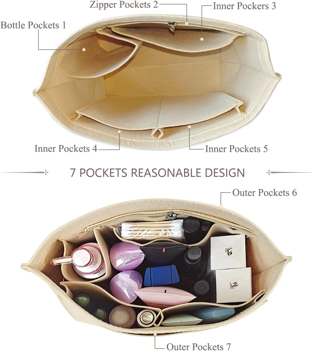 Chispee Felt Purse Organizer Insert Luxury Handbag Organizers for Longchamp Organizer Insert Divider Pocket & Zipper Inner Bag Liner fit Large, Beige