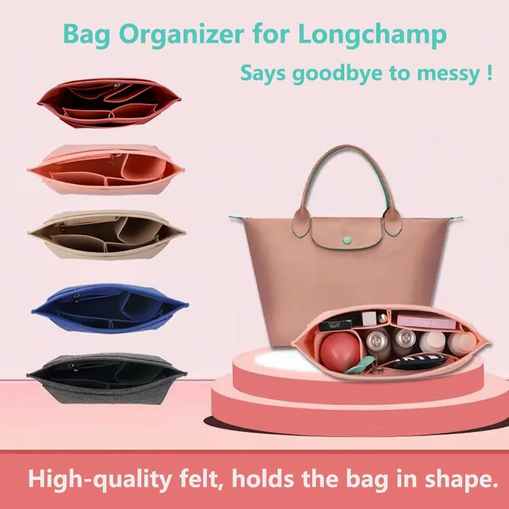 Chispee Felt Purse Organizer Insert Luxury Handbag Organizers for Longchamp Organizer Insert Divider Pocket & Zipper Inner Bag Liner fit Large, Beige