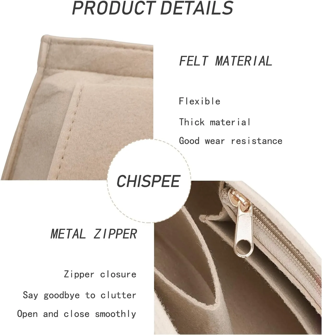 Chispee Felt Purse Organizer Insert Luxury Handbag Organizers for Longchamp Organizer Insert Divider Pocket & Zipper Inner Bag Liner fit Large, Beige