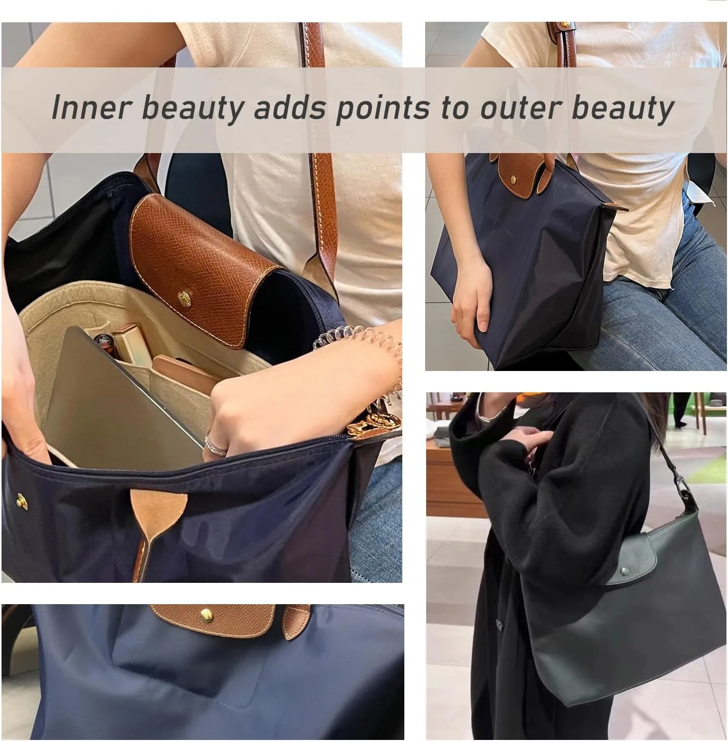 Chispee Felt Purse Organizer Insert Luxury Handbag Organizers for Longchamp Organizer Insert Divider Pocket & Zipper Inner Bag Liner fit Large, Beige