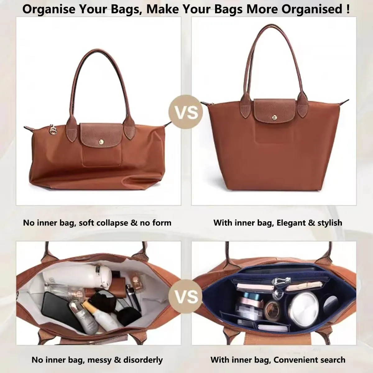 Chispee Felt Purse Organizer Insert Luxury Handbag Organizers for Longchamp Organizer Insert Divider Pocket & Zipper Inner Bag Liner fit Large, Beige