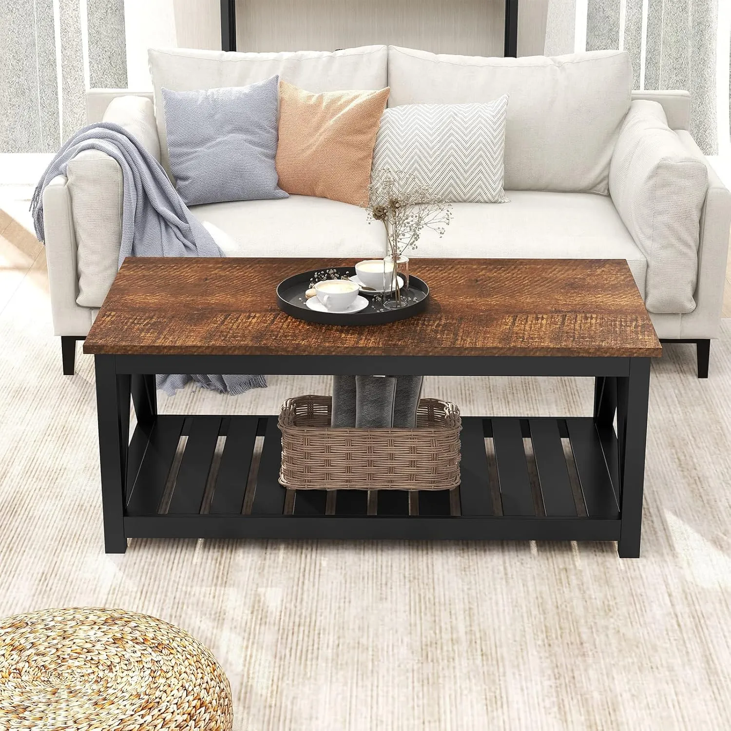 ChooChoo Black Coffee Table, Rustic Vintage Table with Shelf for Living Room, 40 Inch