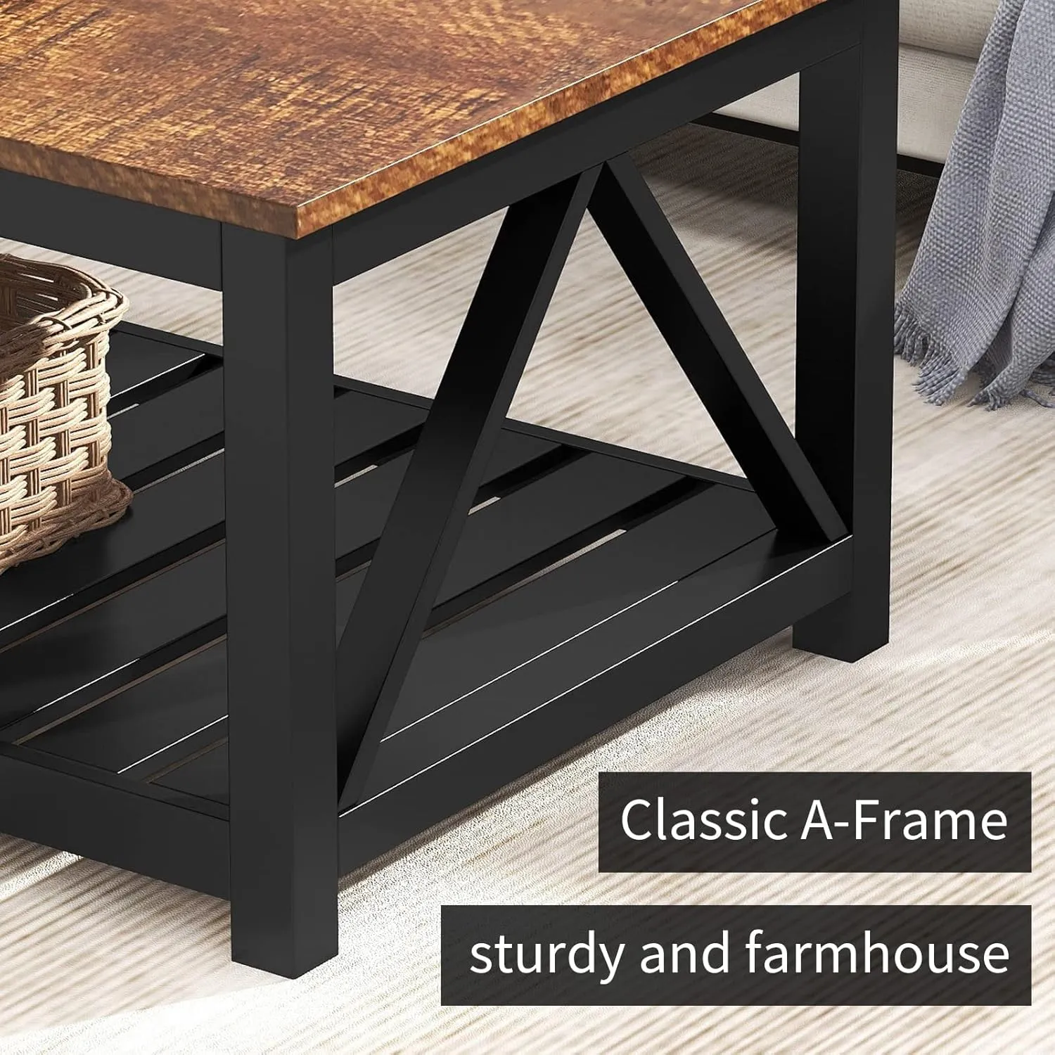 ChooChoo Black Coffee Table, Rustic Vintage Table with Shelf for Living Room, 40 Inch
