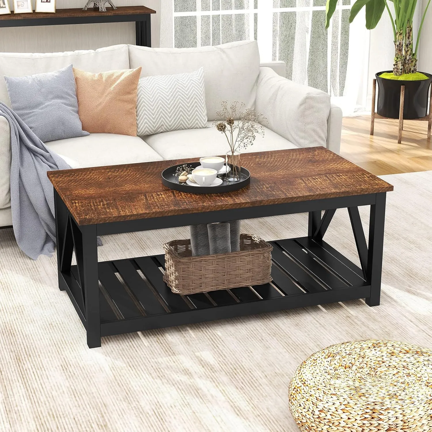 ChooChoo Black Coffee Table, Rustic Vintage Table with Shelf for Living Room, 40 Inch