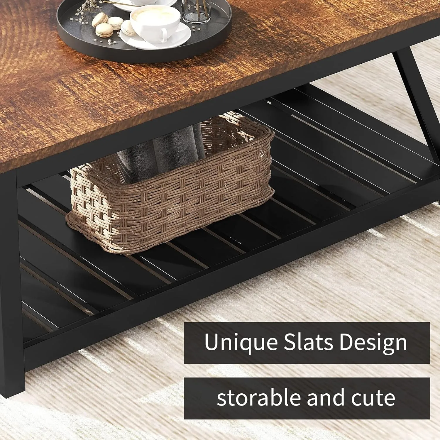 ChooChoo Black Coffee Table, Rustic Vintage Table with Shelf for Living Room, 40 Inch