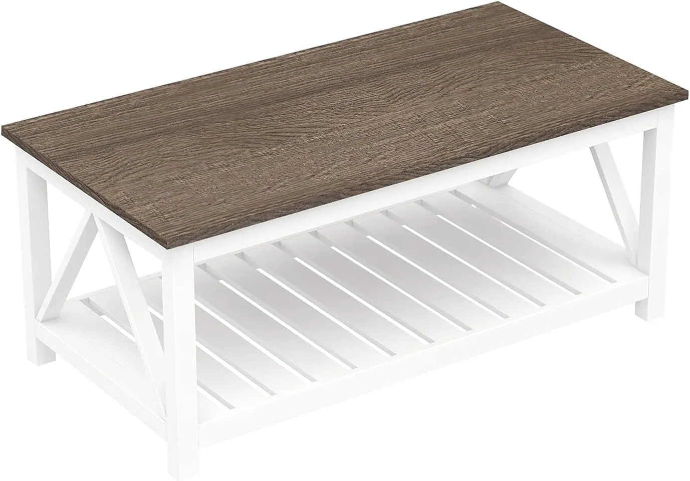 ChooChoo Farmhouse Coffee Table, Rustic Vintage Living Room Table with Shelf, 40 White