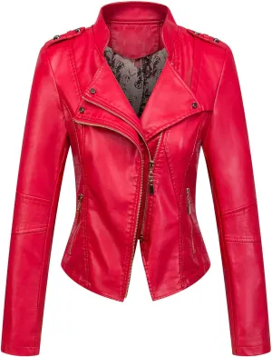 chouyatou Women's Candy Color Asymmetric Zip Slim Faux Leather Cropped Moto Jacket