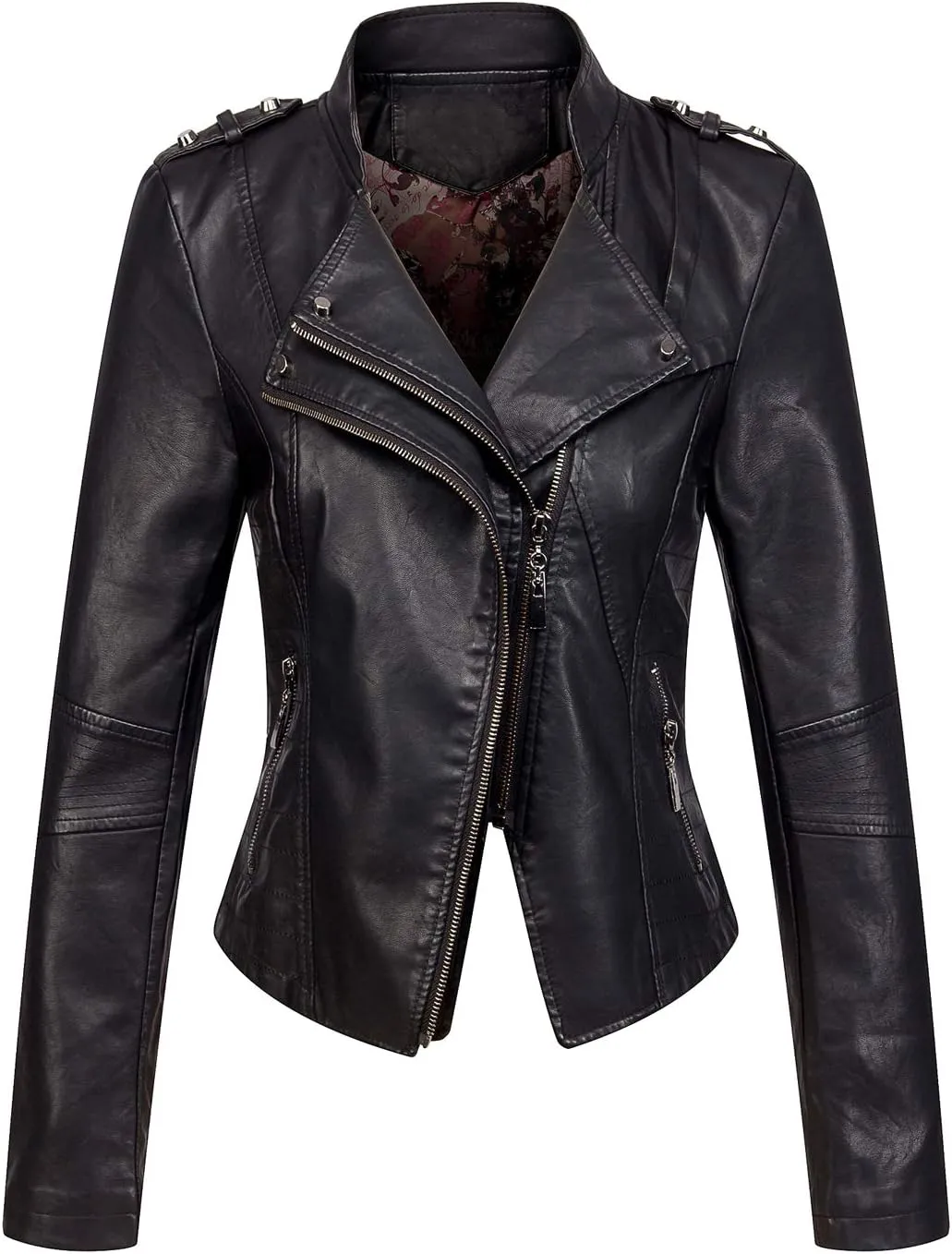 chouyatou Women's Candy Color Asymmetric Zip Slim Faux Leather Cropped Moto Jacket
