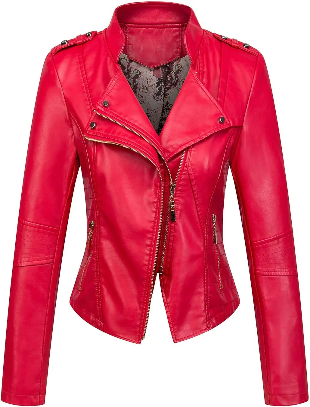 chouyatou Women's Candy Color Asymmetric Zip Slim Faux Leather Cropped Moto Jacket